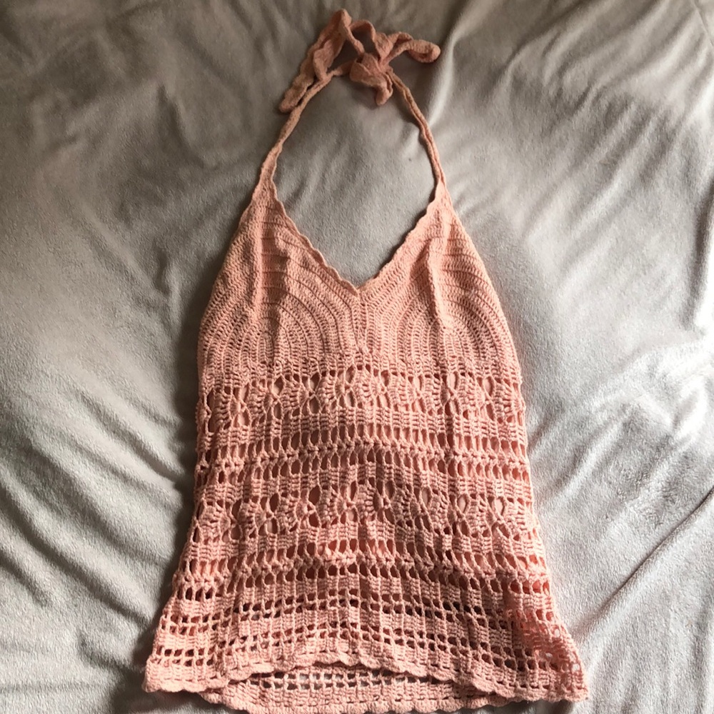 Salmon pink knit halter top